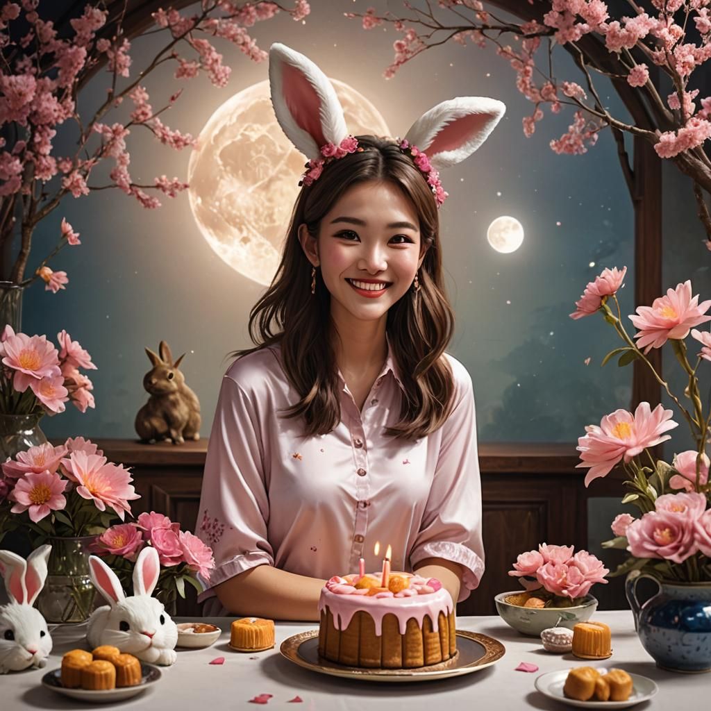 Moon Day Celebration with Girl and Bunny Ears