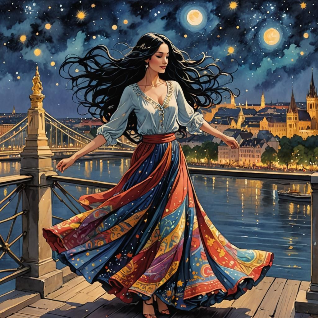 Woman Dancing on Budapest Bridge in Anime Style