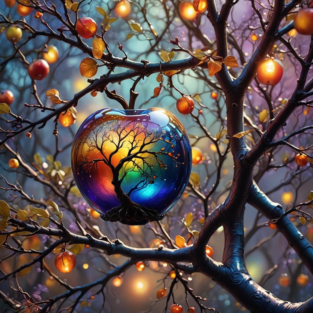 Rainbow Glass Apple on a Glowing Magic Tree