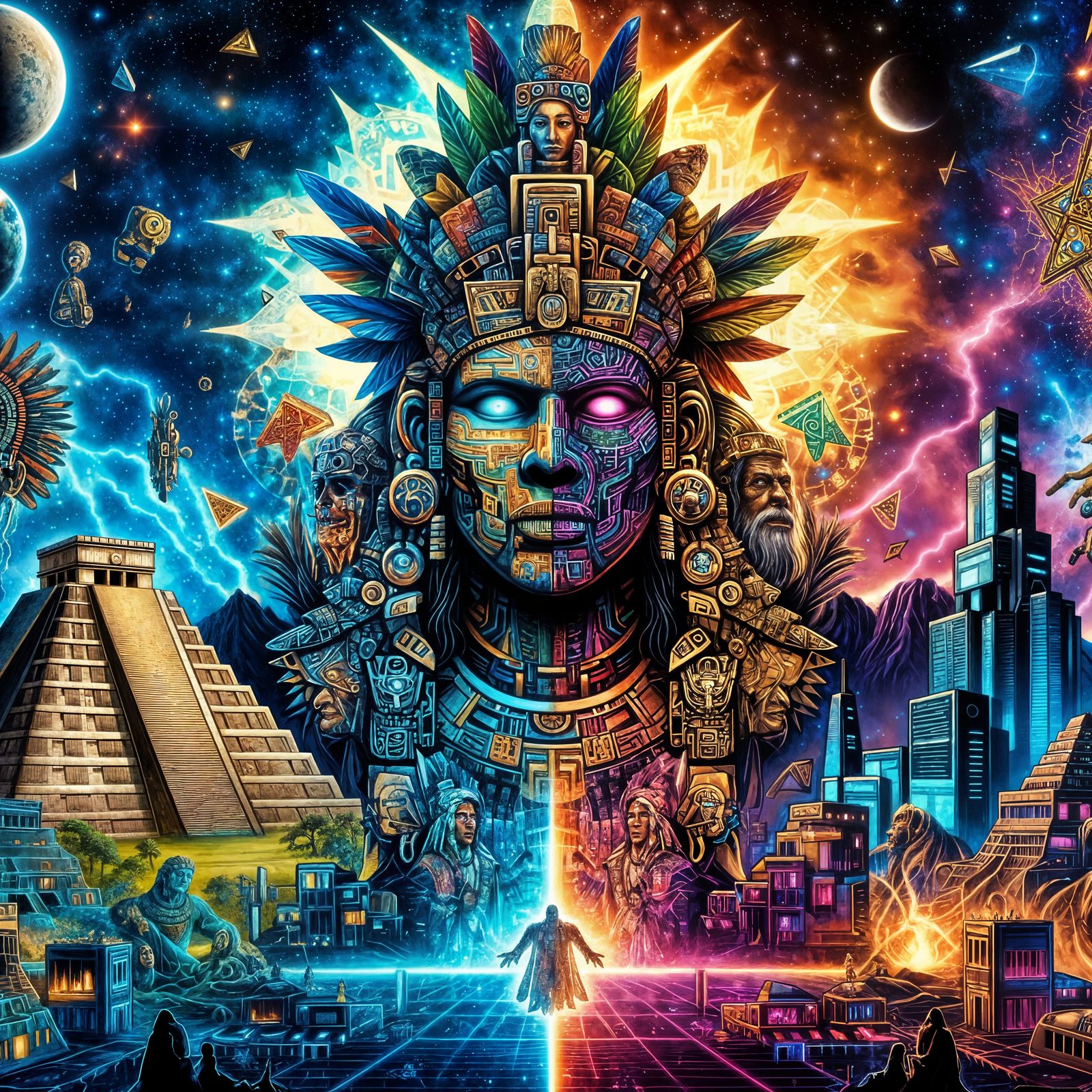 Divine Being Split Between Ancient Mayan and Cyberpunk Civil...