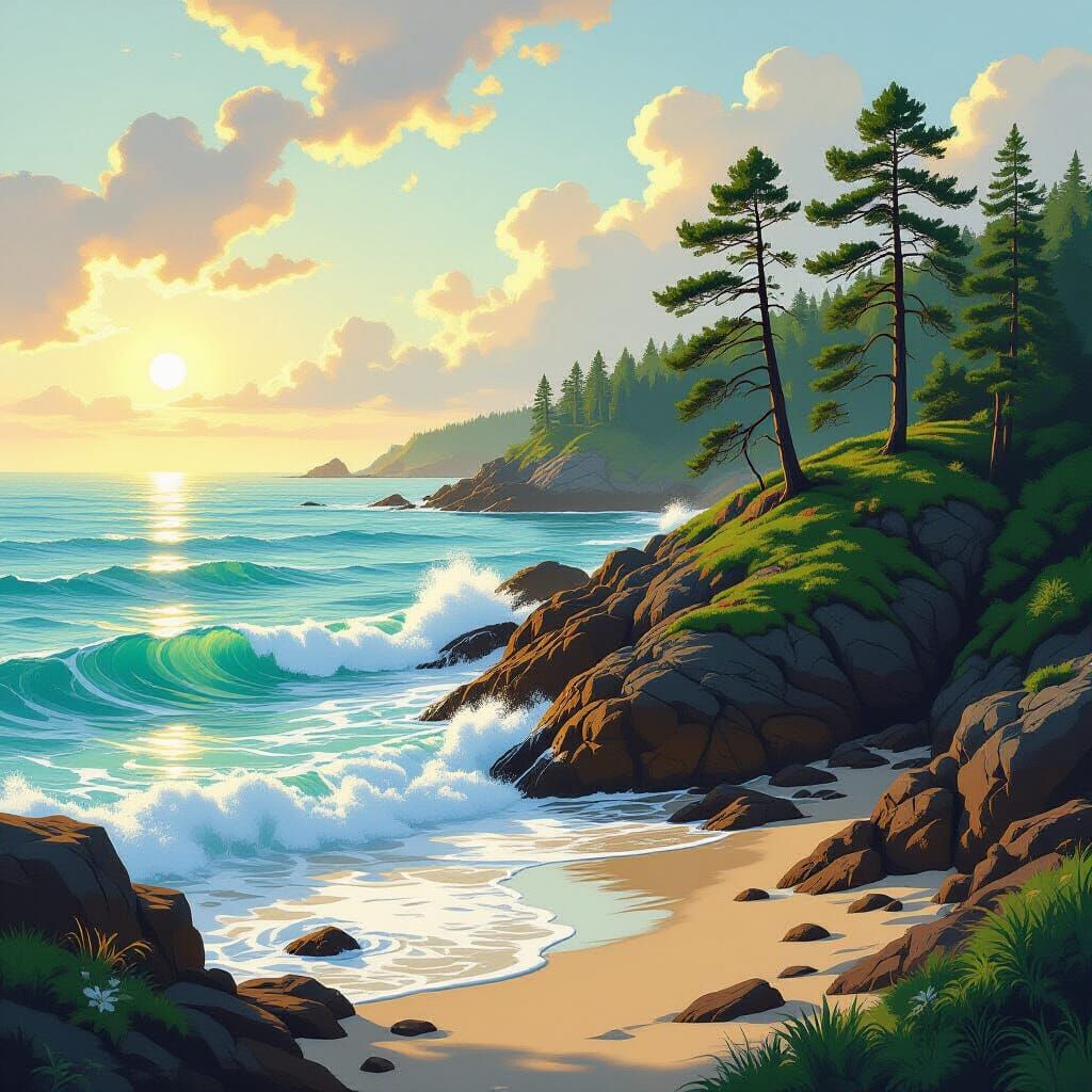 Coastal Forest Landscape in Realist Impressionism Style