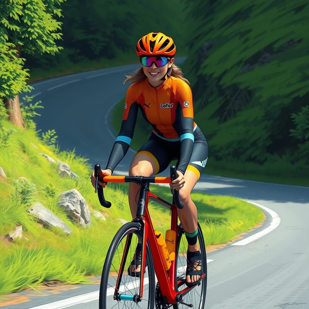 Cyclist on Winding Road in Digital Painting Style