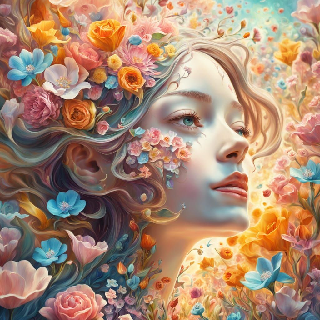 Surreal Person Surrounded by Flowers: Macro Oil Painting