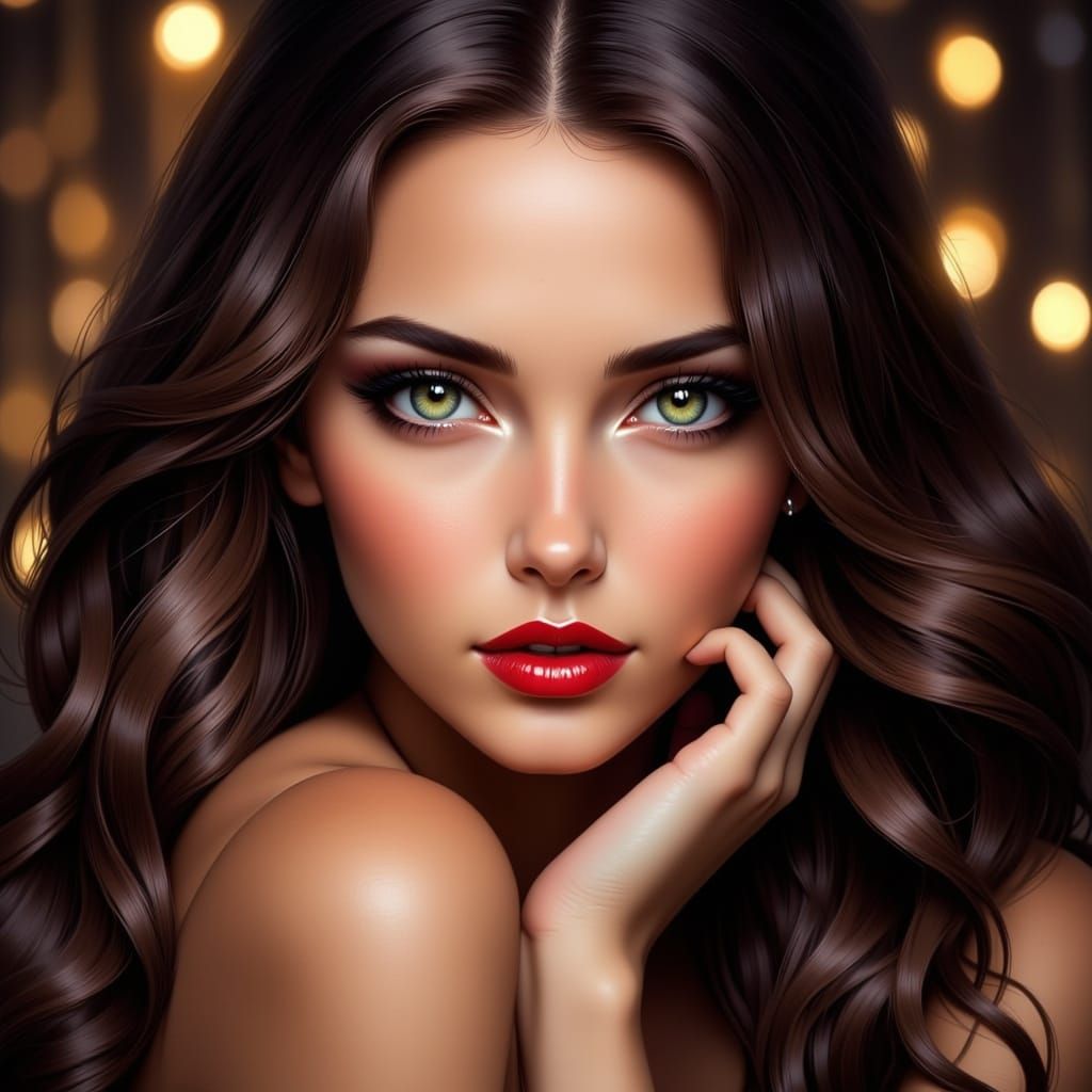 Elegant Woman's Portrait with Green Eyes and Red Lipstick