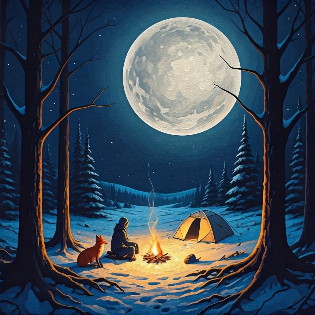 Moonlit Winter Campsite in Impasto Style