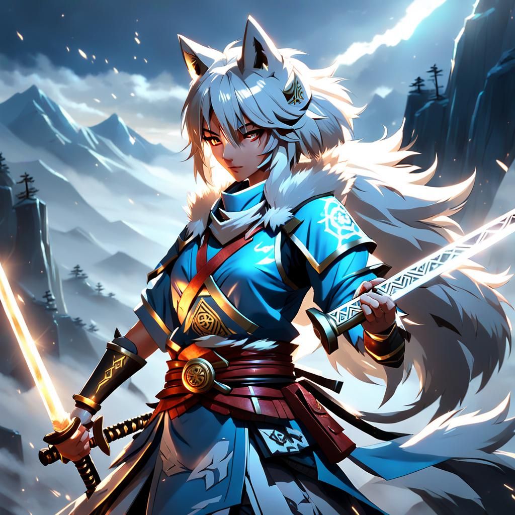 Anime Wolf-Girl Raiden Shogun with Samurai Sword