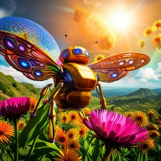 Futuristic Robot Bees Harvesting Honey in Sci-Fi Garden
