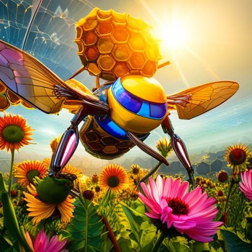 Futuristic Robot Bees Gathering Honey in Botanical Garden