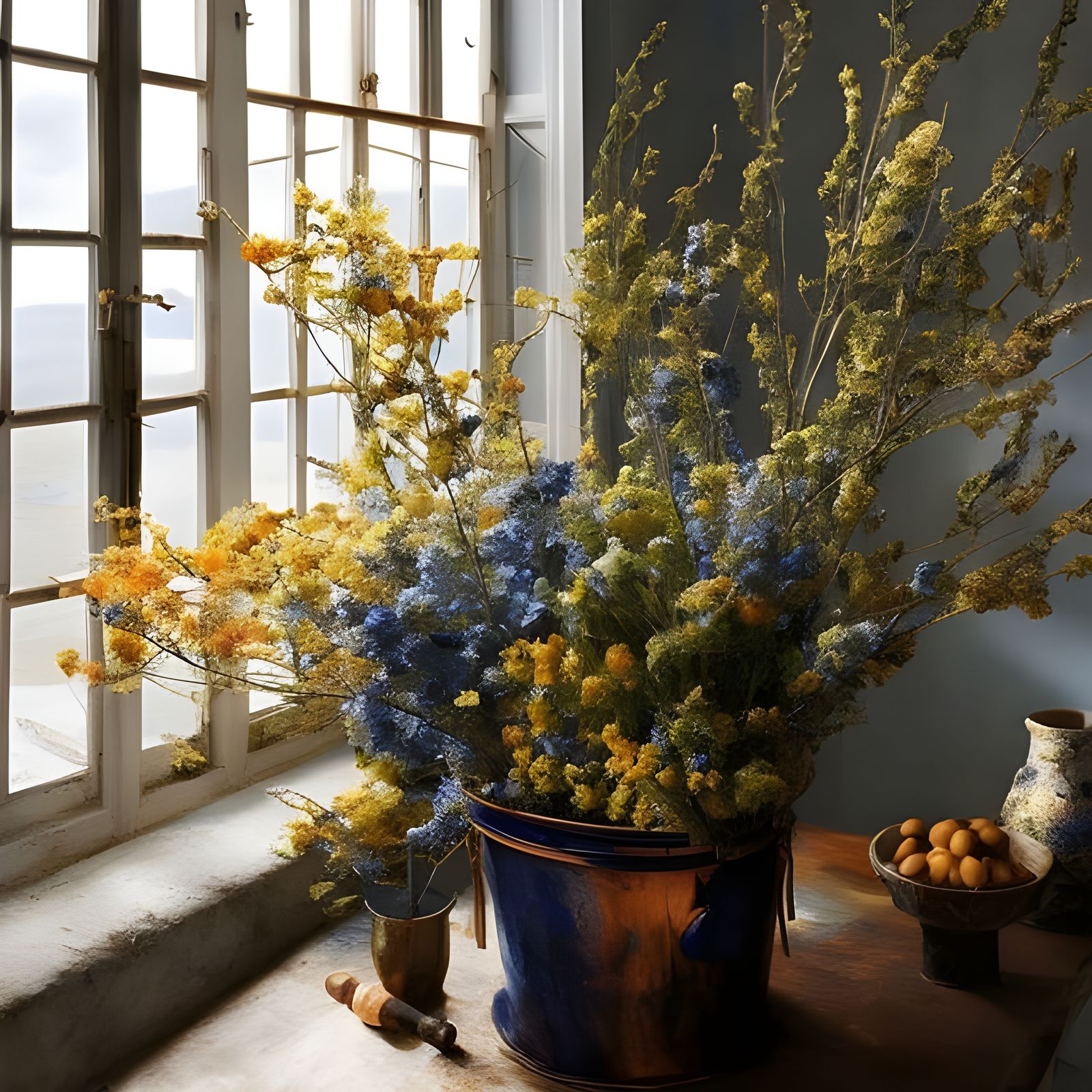 Hyperrealistic Flowers on Butcher Table, Pollock-Vermeer Sty...
