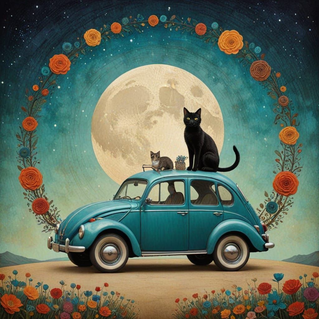 Whimsical Car and Feline Circle Art in Vibrant Surrealism