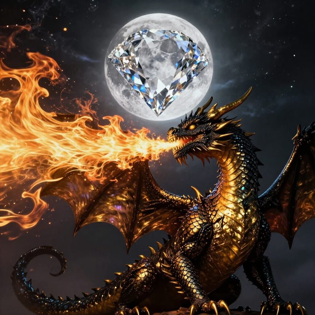 Black Gold Dragon Breathes Fire at Diamond Moon