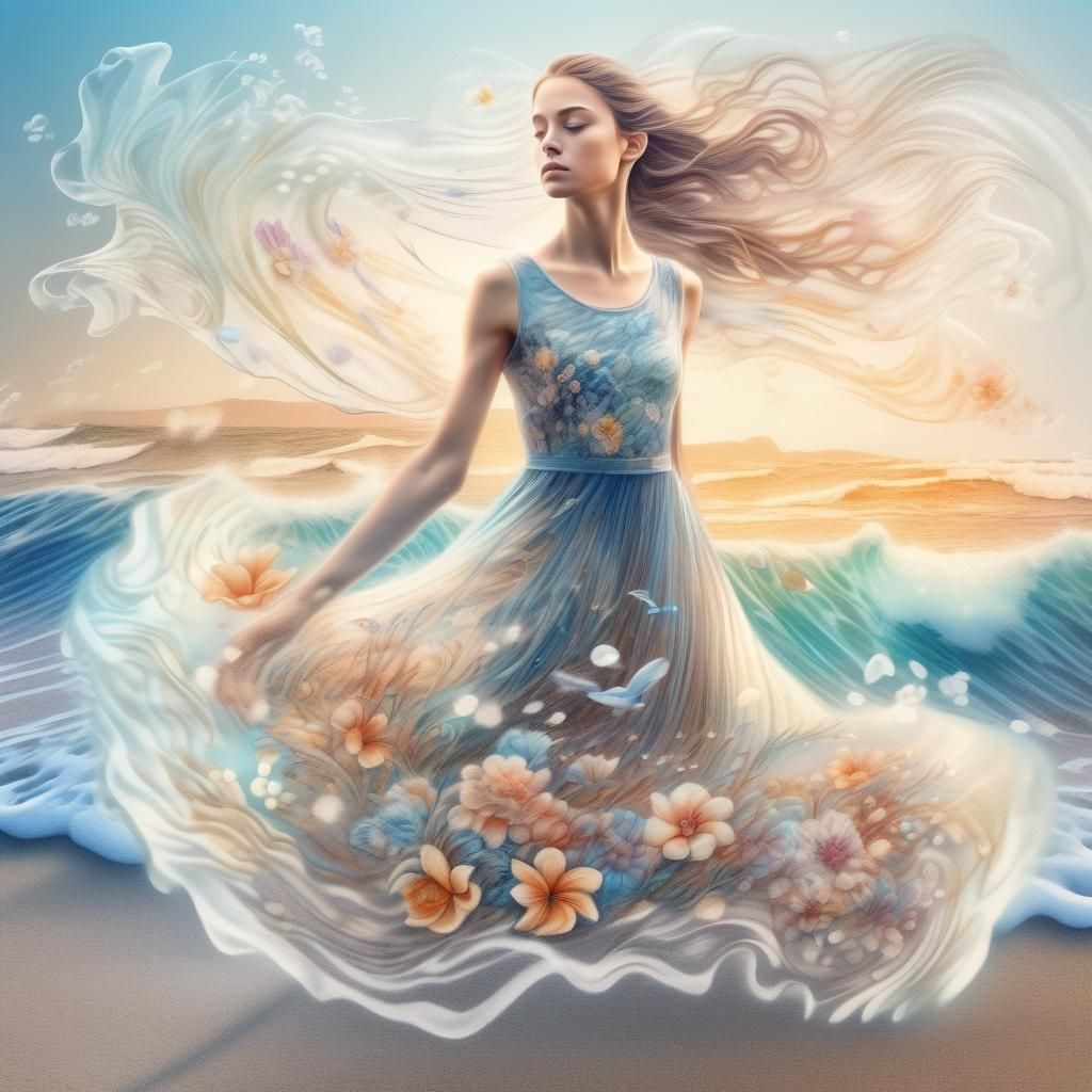 Double Exposure: Girl on Beach at Dawn