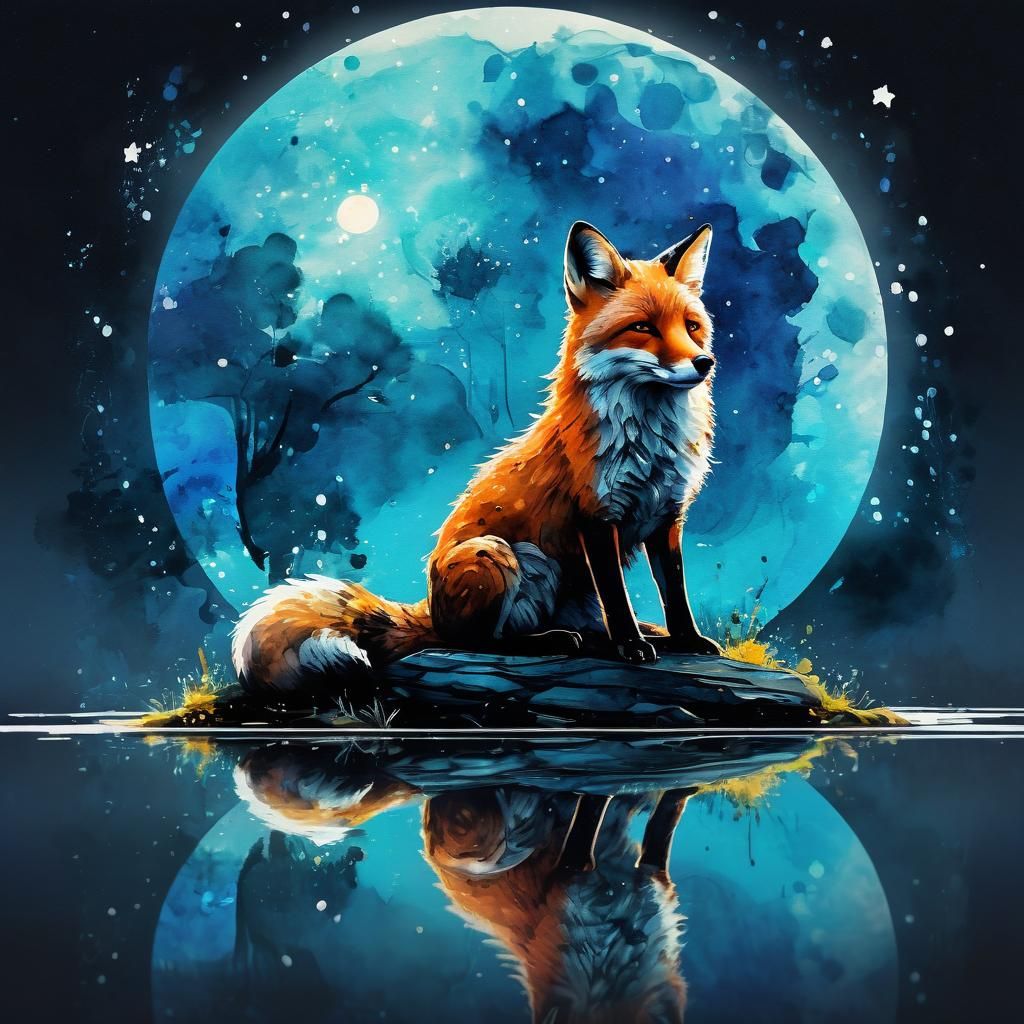 Neon Fox Meditation: Abstract Expressionism Watercolor