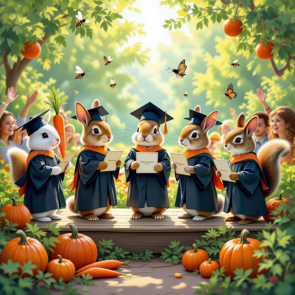 Vegetable Graduation Ceremony in Lush Garden, Fantasy Illust...