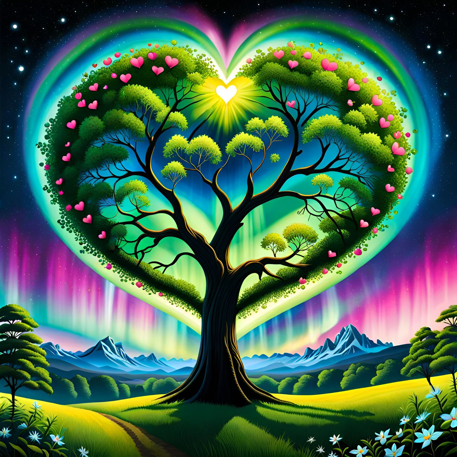 Bioluminescent Heart Tree in Psychedelic Style