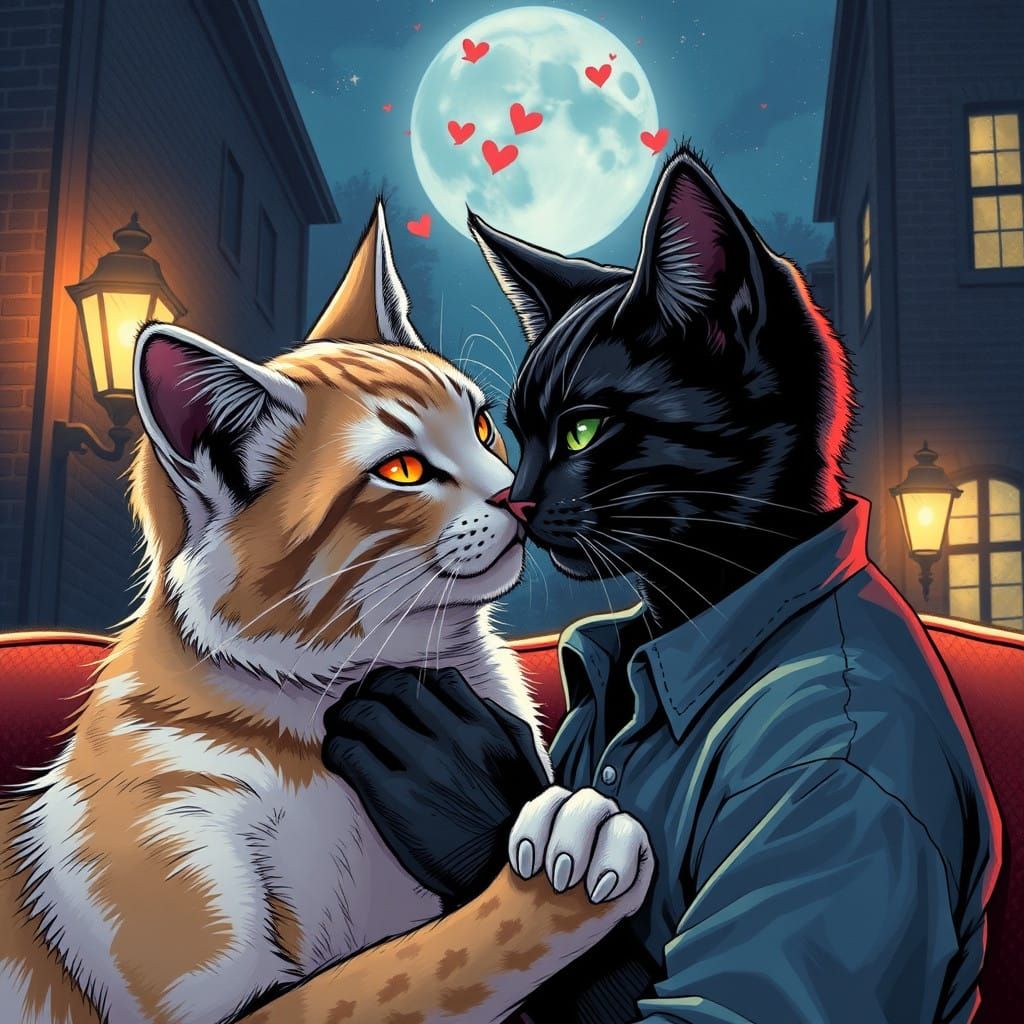 Romantic Feline Scene in Comic Book Art Style