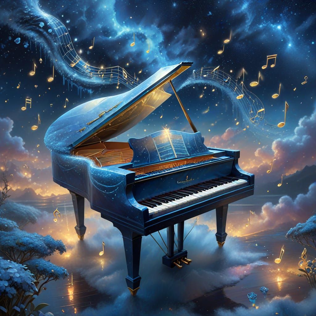Ethereal Fantasy: Floating Crystal Piano in Misty Sky