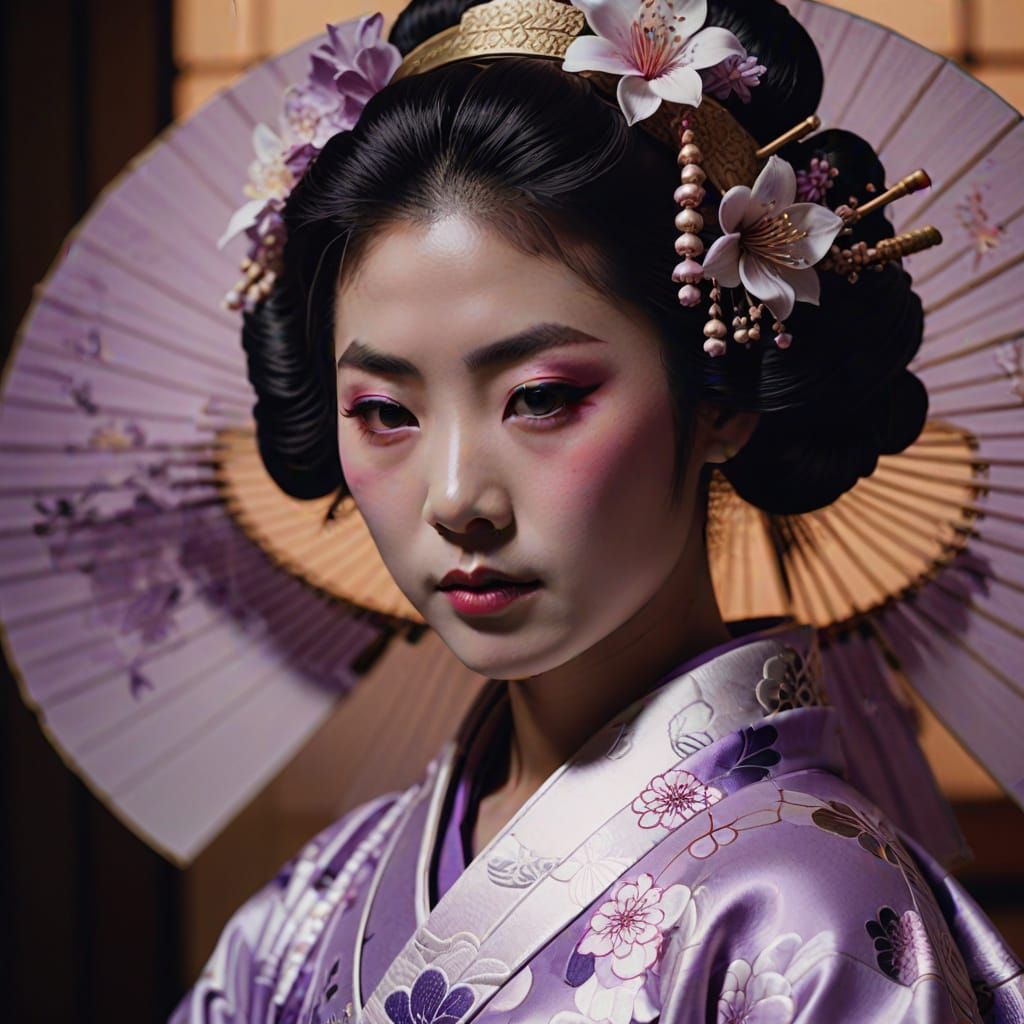 Japanese Geisha in Lilac Costume: Hyper-Realistic Digital Ar...