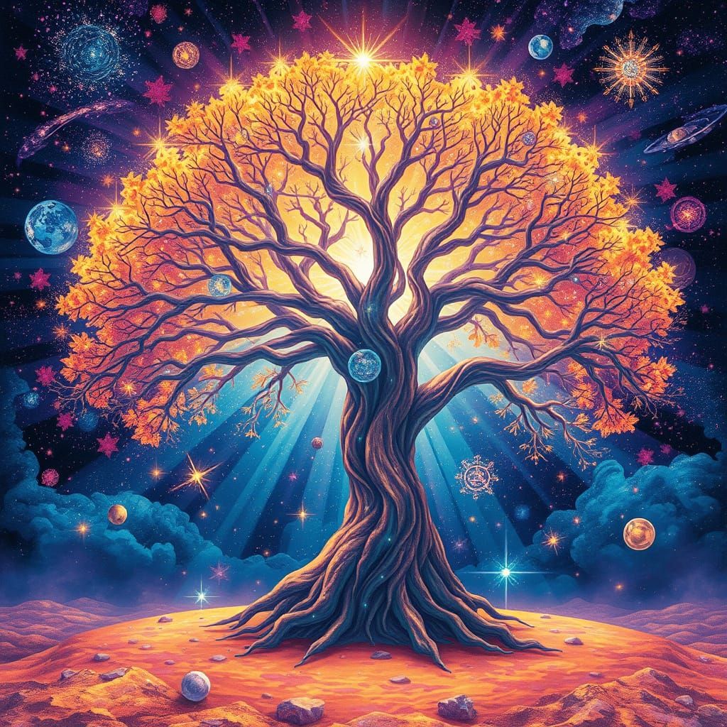 Cosmic Tree Radiates Vibrant Magic in Mesmerizing Mixed Medi...