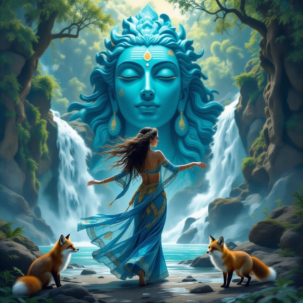 Woman Dancing by Waterfalls with Foxes: Surreal Art