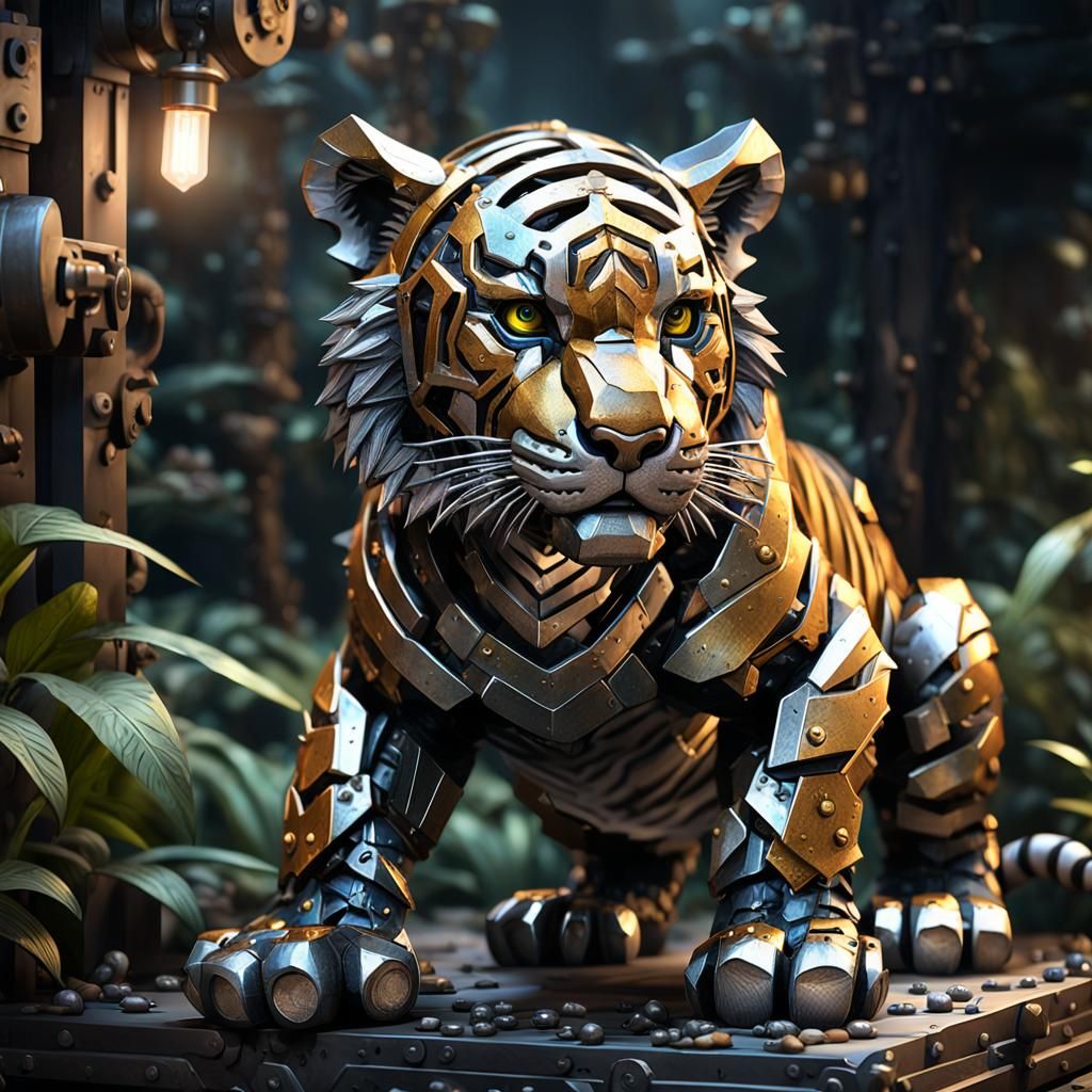 Metal Tiger Cub Sculpture in Dark Fantasy Style