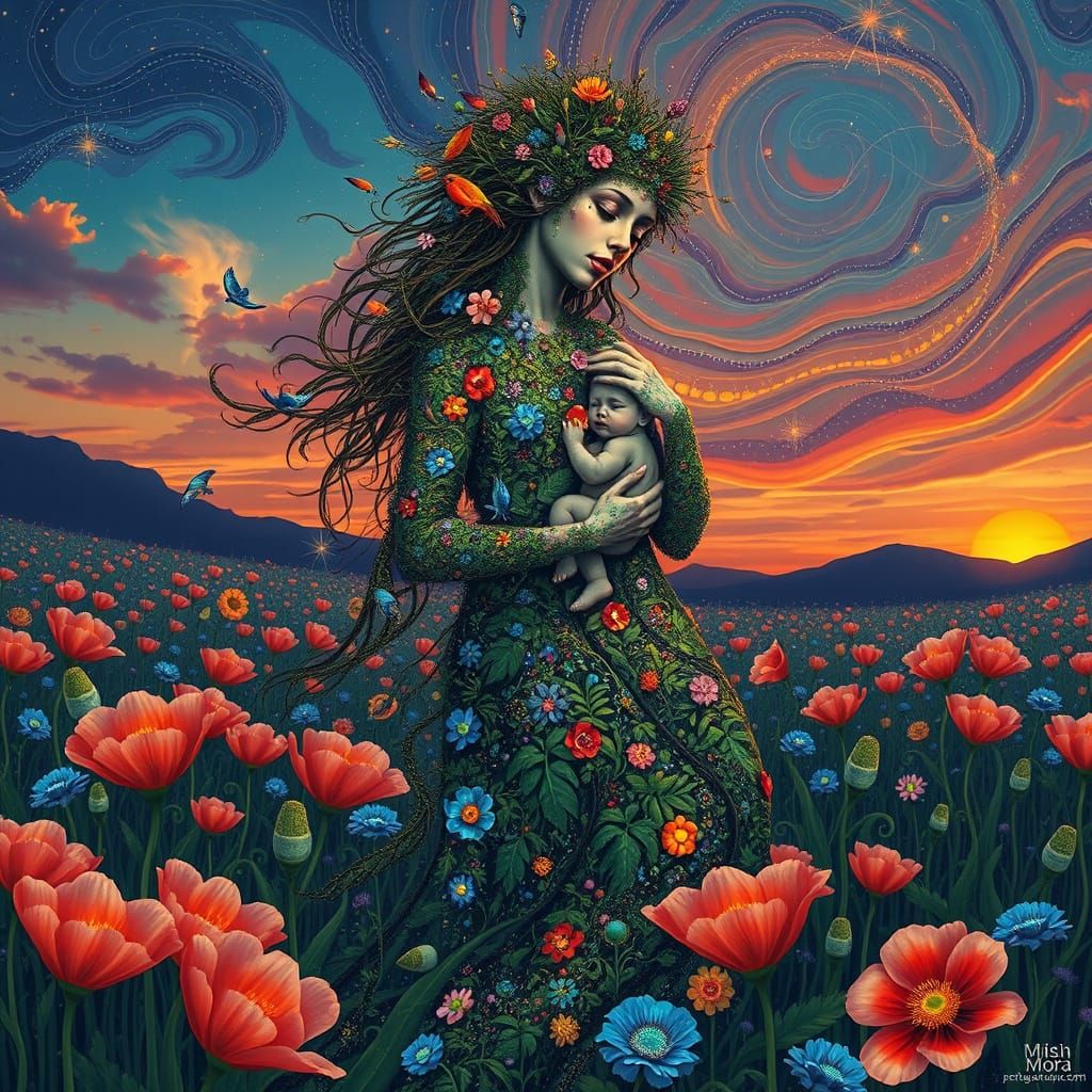 Mother in Dreamlike Scene with Vegetation-Covered Body and I...