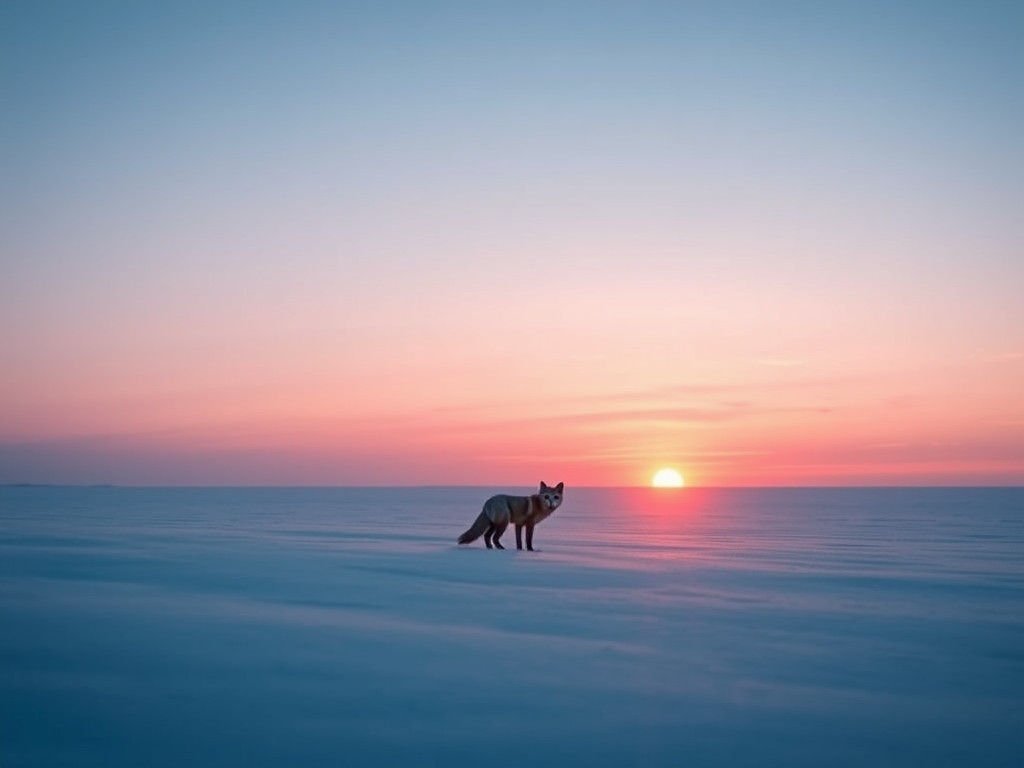 Arctic Fox Sunrise in Winter Tundra: Minimalist Photo