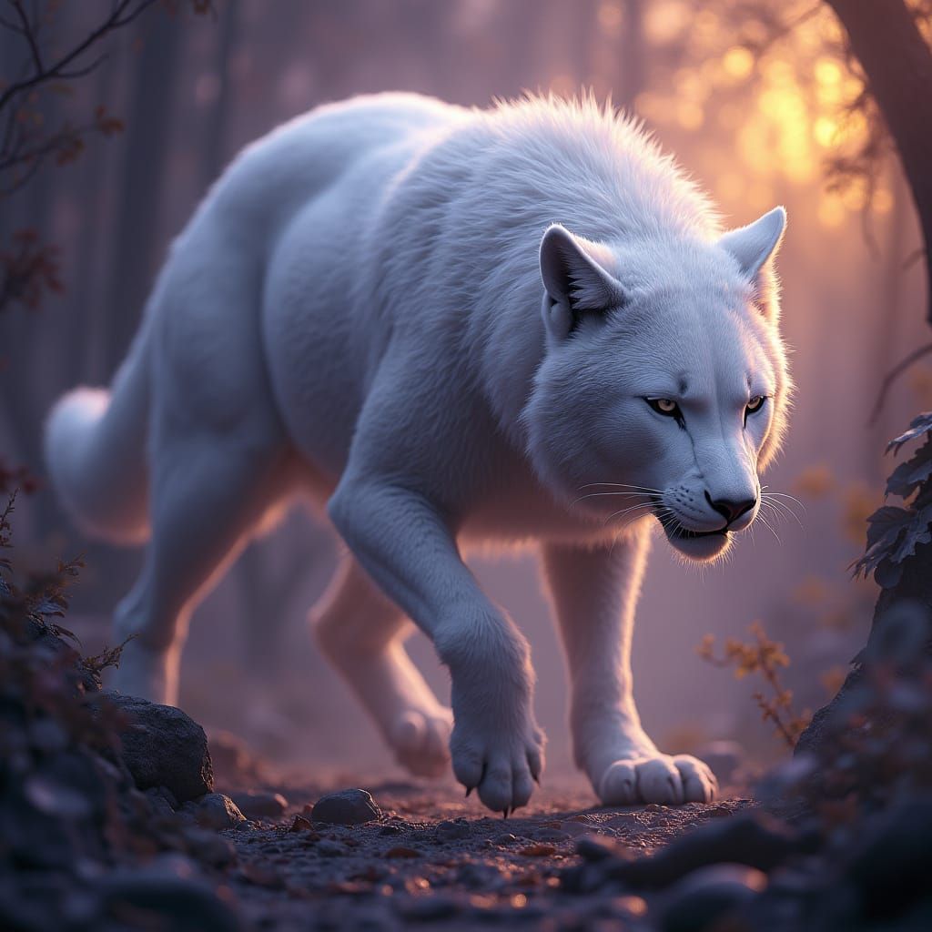 Majestic Platinum Wolf-Panther in Mystical Twilight Realm