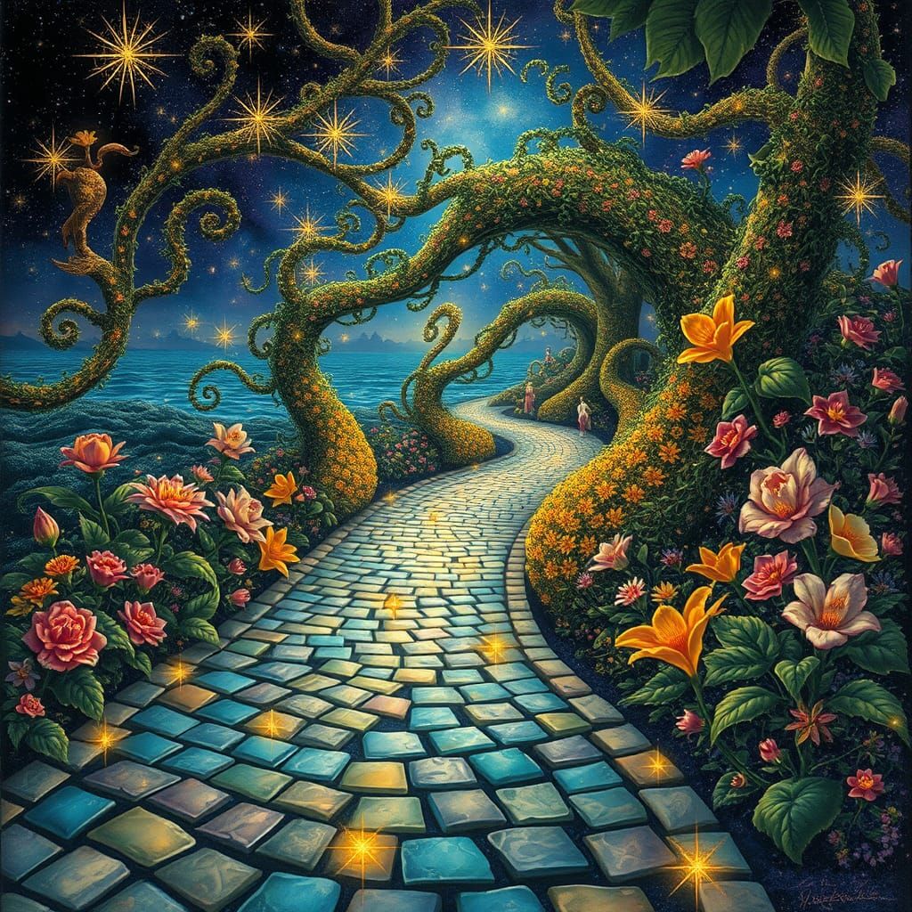 Surreal Floral Path in Cosmic Sea