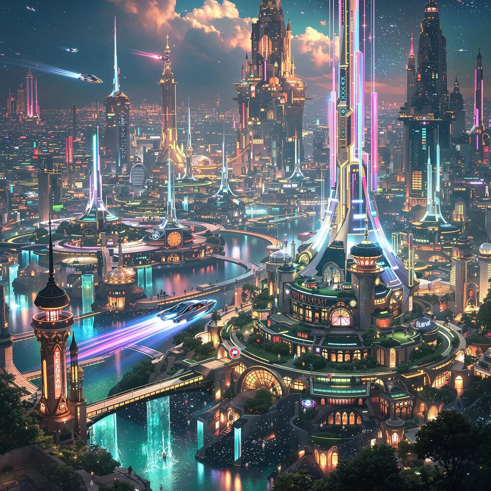Surreal Futuristic Metropolis in Radiant Iridescent Hues as....