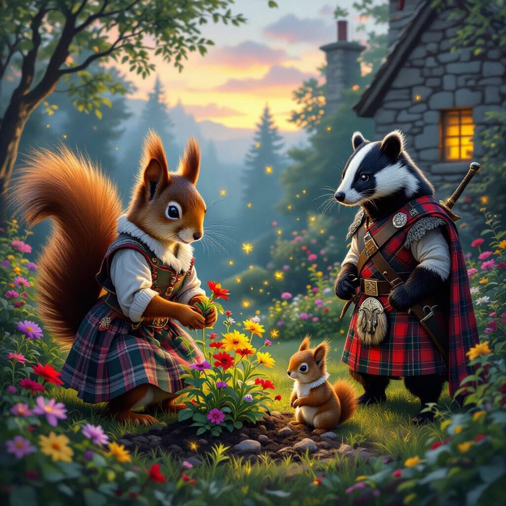 Red Squirrel Gardener in Scottish Highland Fantasy Art