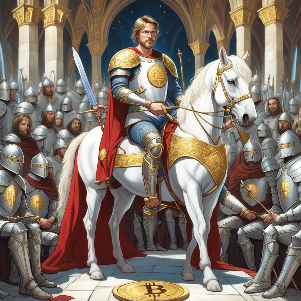 King Arthur and Bitcoin Knights, Pre-Raphaelite Style