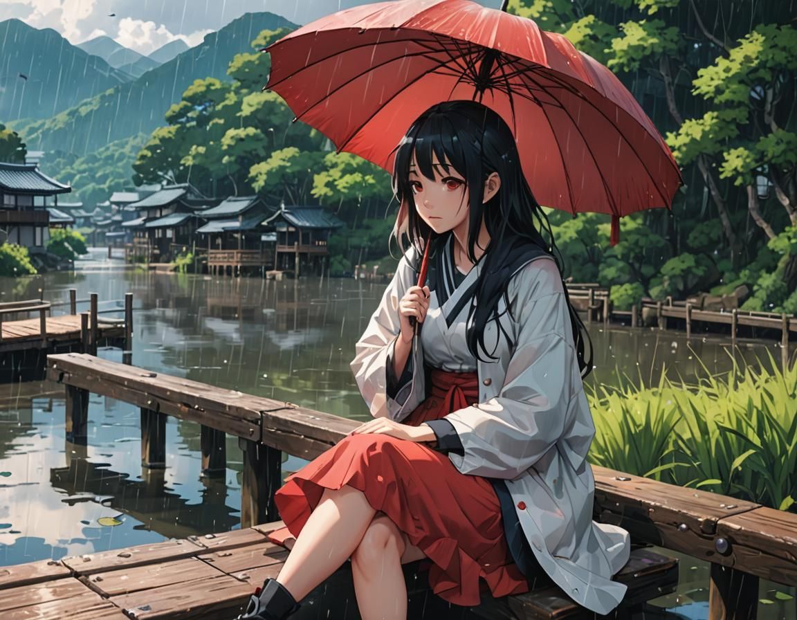 Anime Girl in Rain on Pier, Cel-Shaded Style