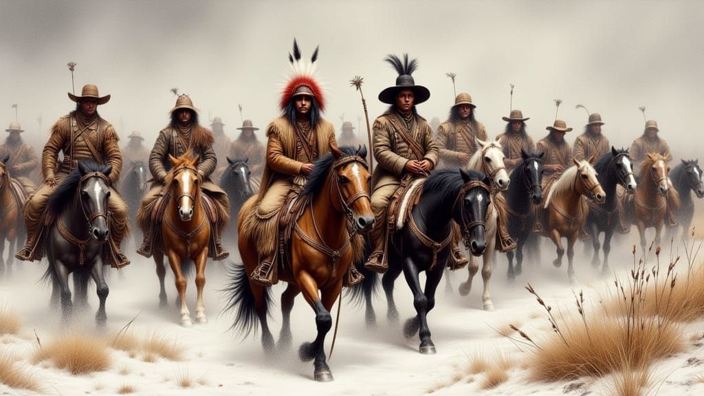 Lakota Warriors in Winter Landscape, Somber Impressionist St...