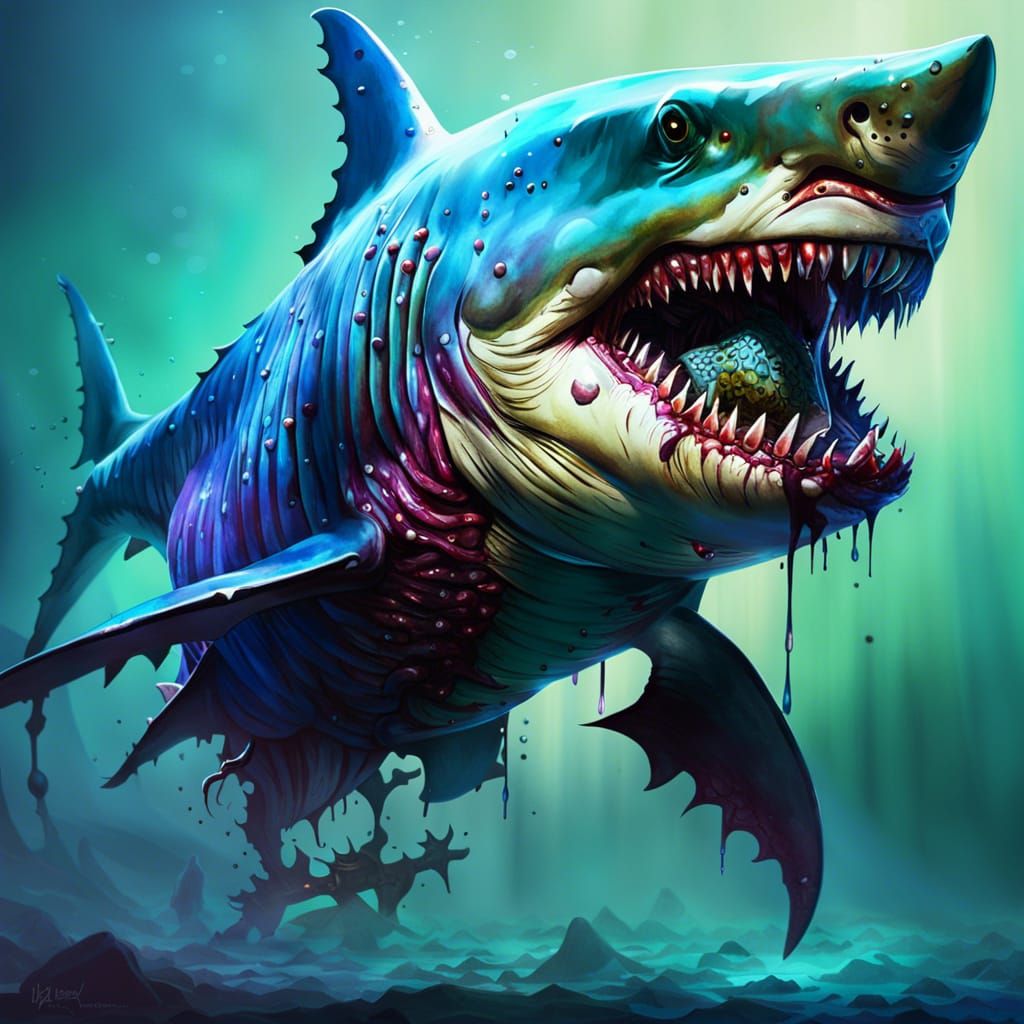 Undead Zombie Shark in Fantasy Watercolor Style
