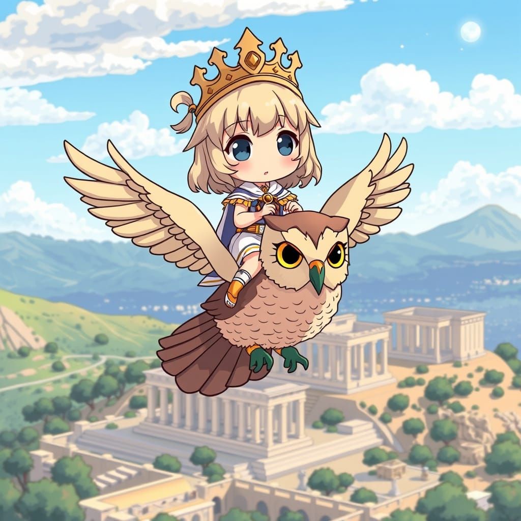 Chibi Athena Soars Over Ancient Acropolis on Anime Owl Wings