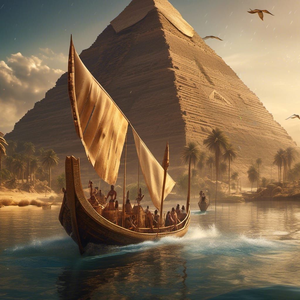 Egyptian Reed Boat Sailing Past Pyramids: Hyperreal Digital ...