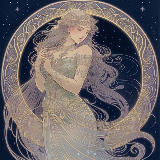 Art Nouveau Celestial Woman with Starlight Hair