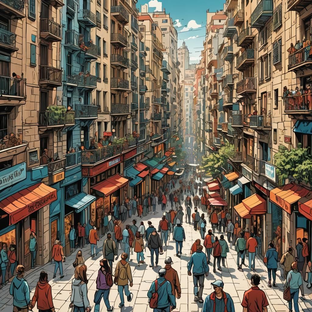Barcelona Street Scene in Comic Book Style