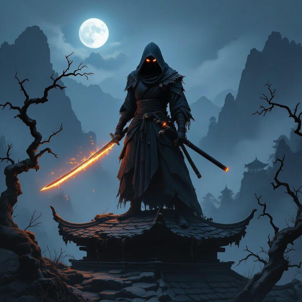 Ninja on Pagoda with Blazing Sword