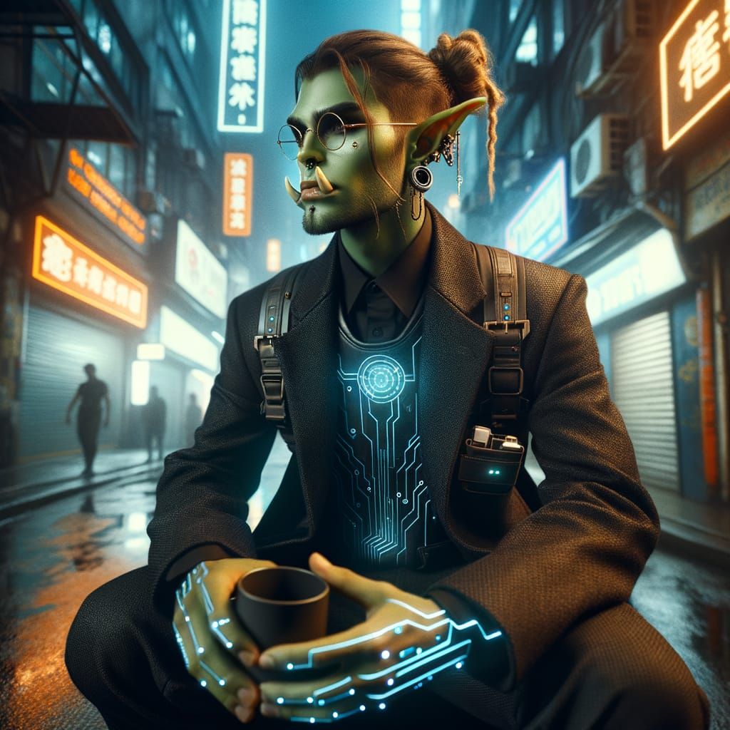 Cyberpunk Scholar Orc Contemplates Futuristic City at Night