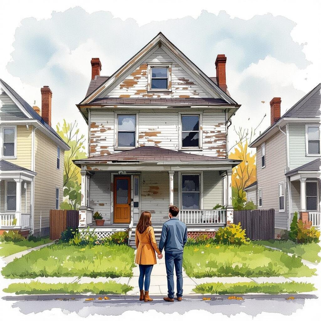 Worn House Contrasted with Modern Neighbors in Watercolor