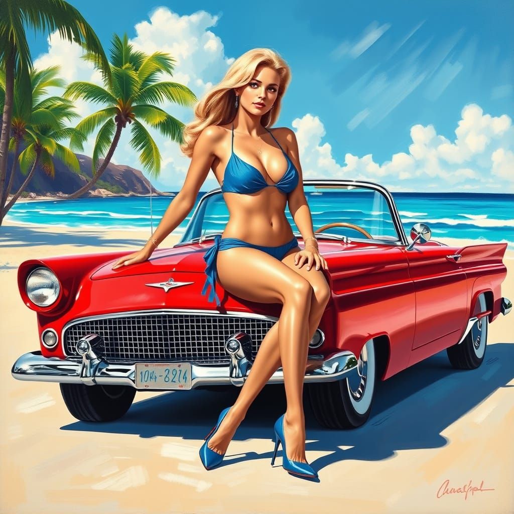 Pin-Up Girl on Thunderbird: Expressive Oil Painting