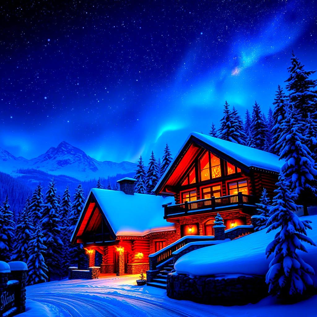 Snowy Lodge at Christmas in Hyperrealistic Detail