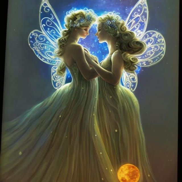 Moon Fairies Embrace in Rococo Romanticism