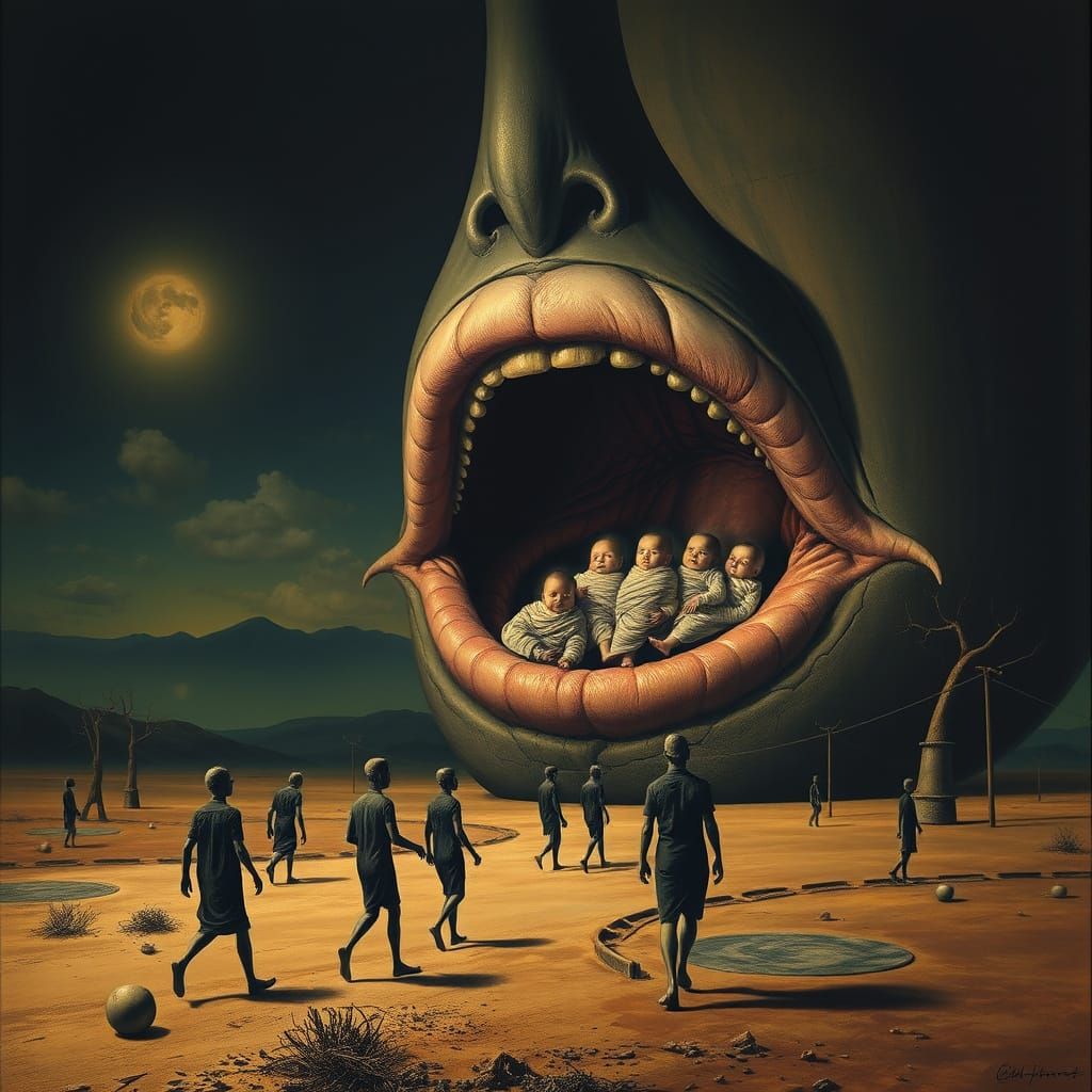 Surreal Figures Emerge From Giant Mouth With Children