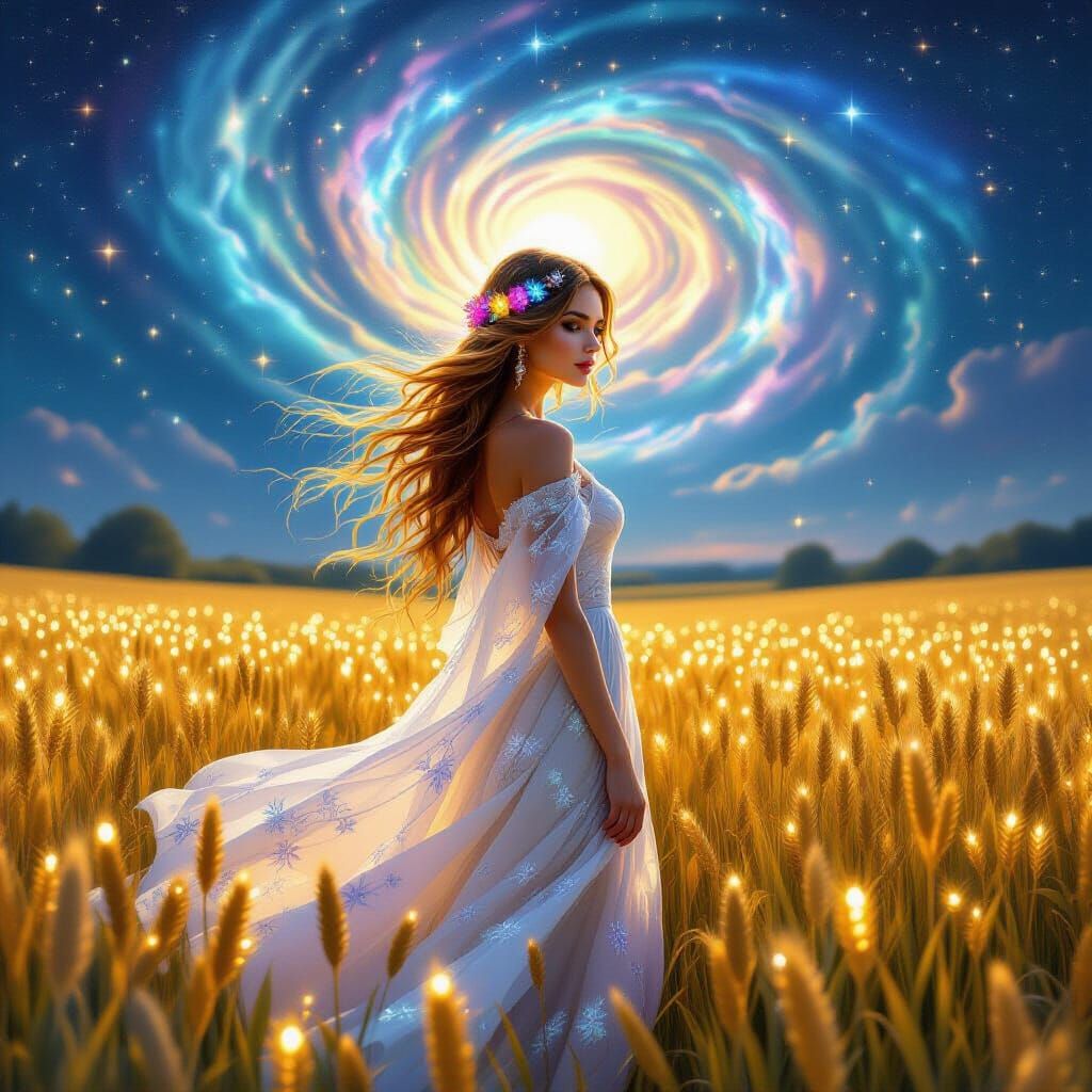 Celestial Woman in Wheat Field, Dreamlike Astral Art
