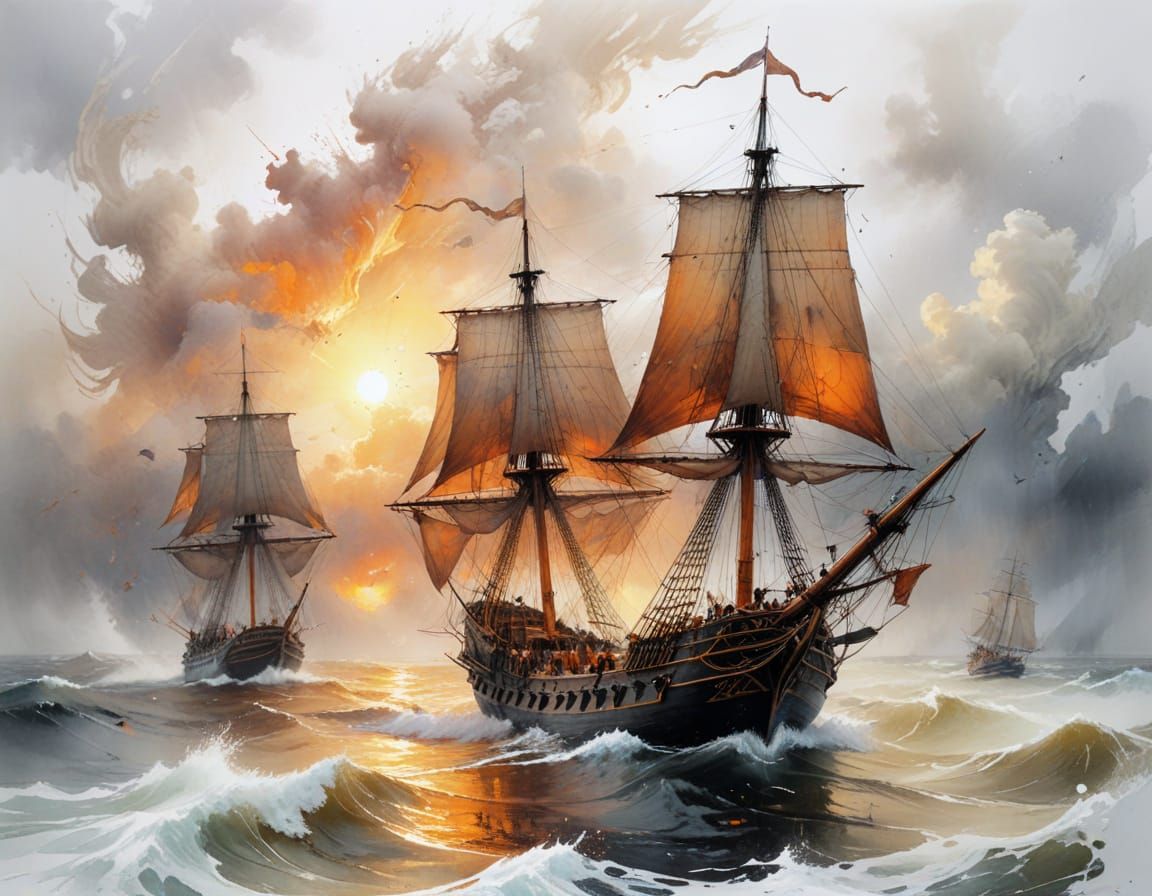 18th Century Ships Battle Stormy Seas at Sunrise
