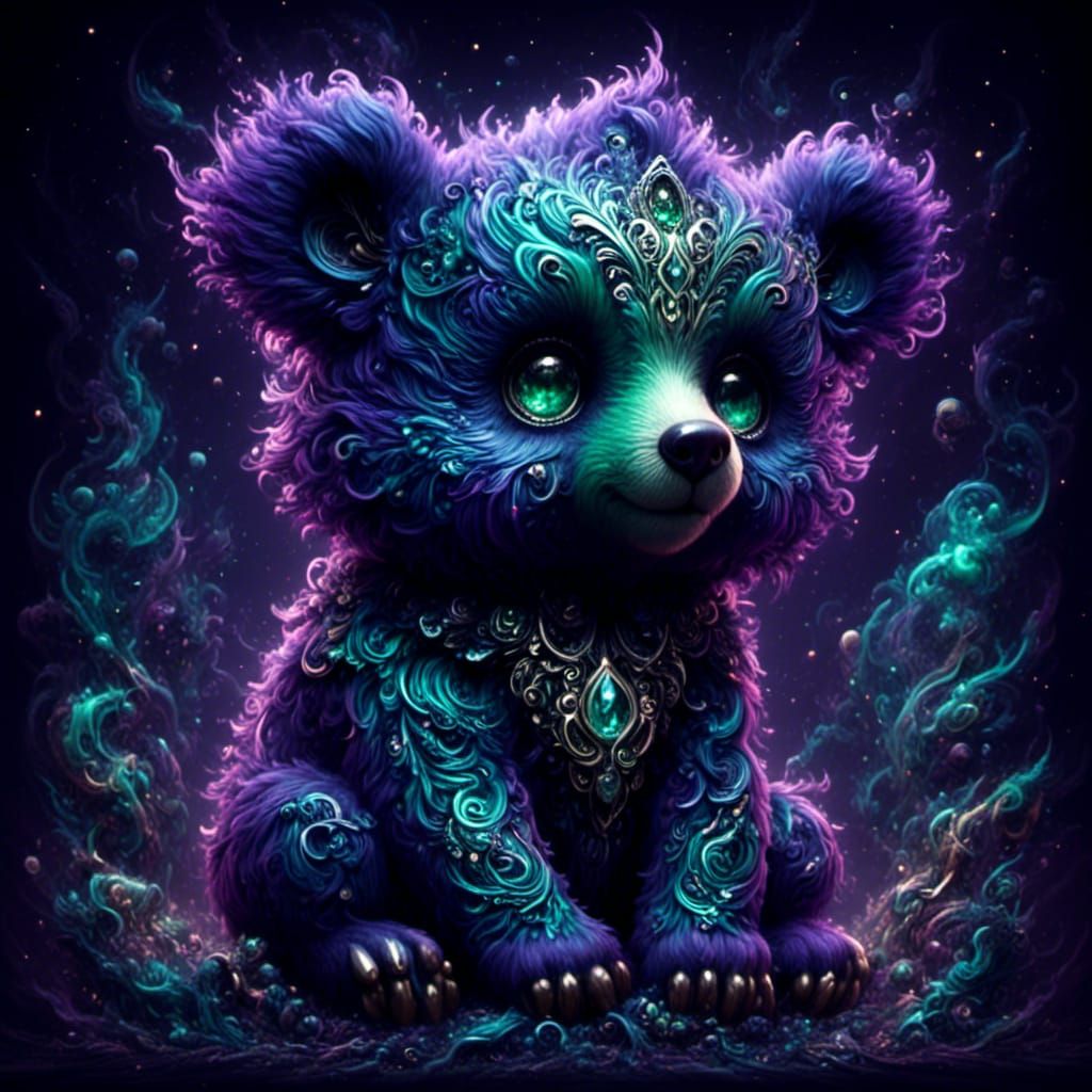 Purple Emerald Chibi Bear Cub in Tantra Art Style