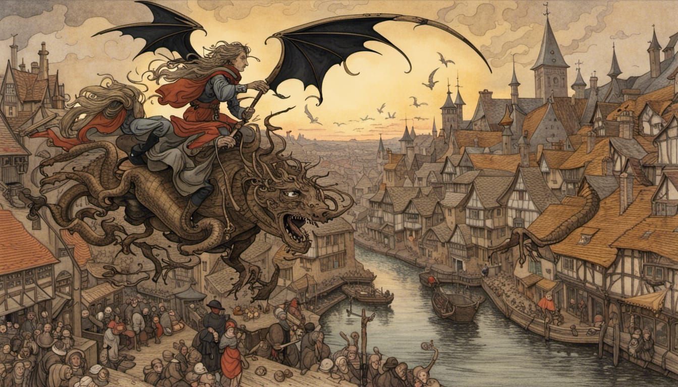 Witch on Dragon Over Village: Rackham & Woodroffe Style